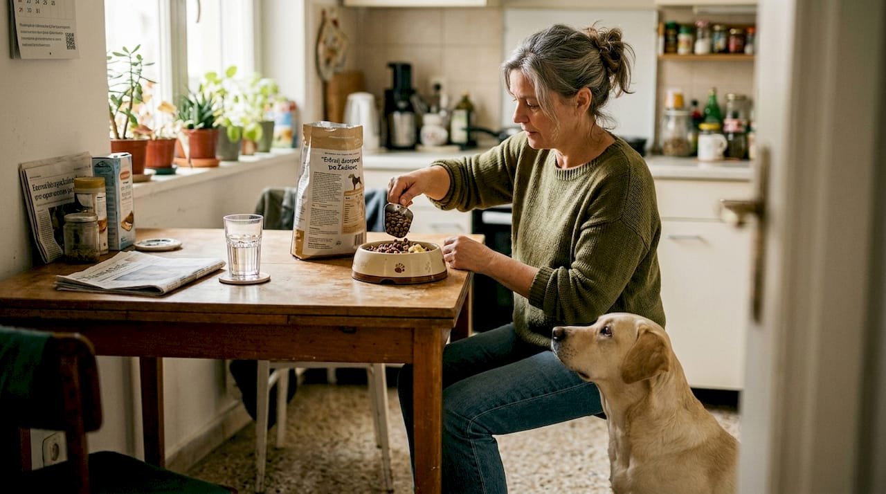 Μια γυναίκα ετοιμάζει ειδική κλινική διατροφή για τον σκύλο της στο τραπέζι της κουζίνας.