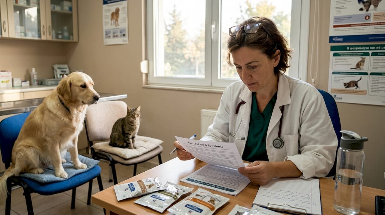 Κτηνίατρος εξετάζει τη διατροφή των κατοικιδίων μαζί με τα ζωάκια