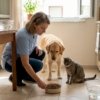 Η κτηνίατρος ετοιμάζει το φαγητό για τον σκύλο και τη γάτα της.