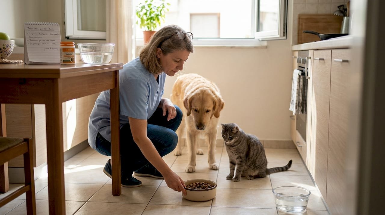 Η κτηνίατρος ετοιμάζει το φαγητό για τον σκύλο και τη γάτα της.