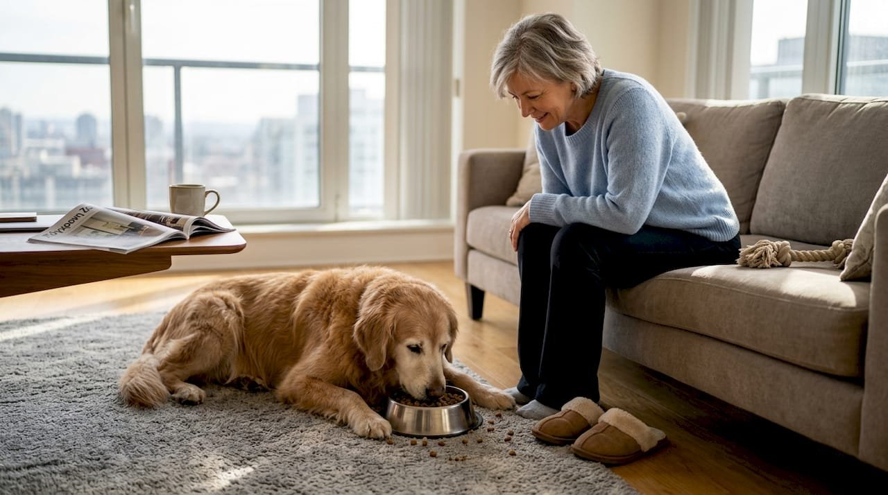 Ένας ηλικιωμένος σκύλος απολαμβάνει το φαγητό του δίπλα στον ιδιοκτήτη του.