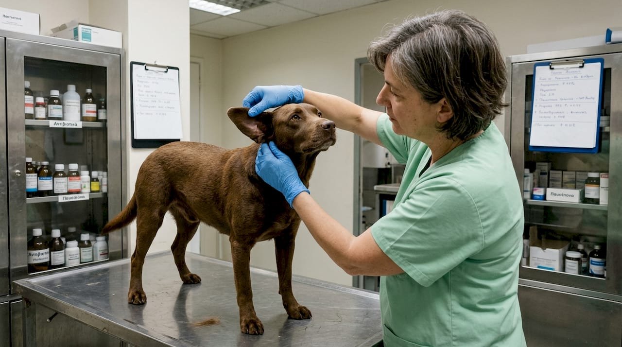 Ο κτηνίατρος εξετάζει έναν ήρεμο σκύλο στο ιατρείο.