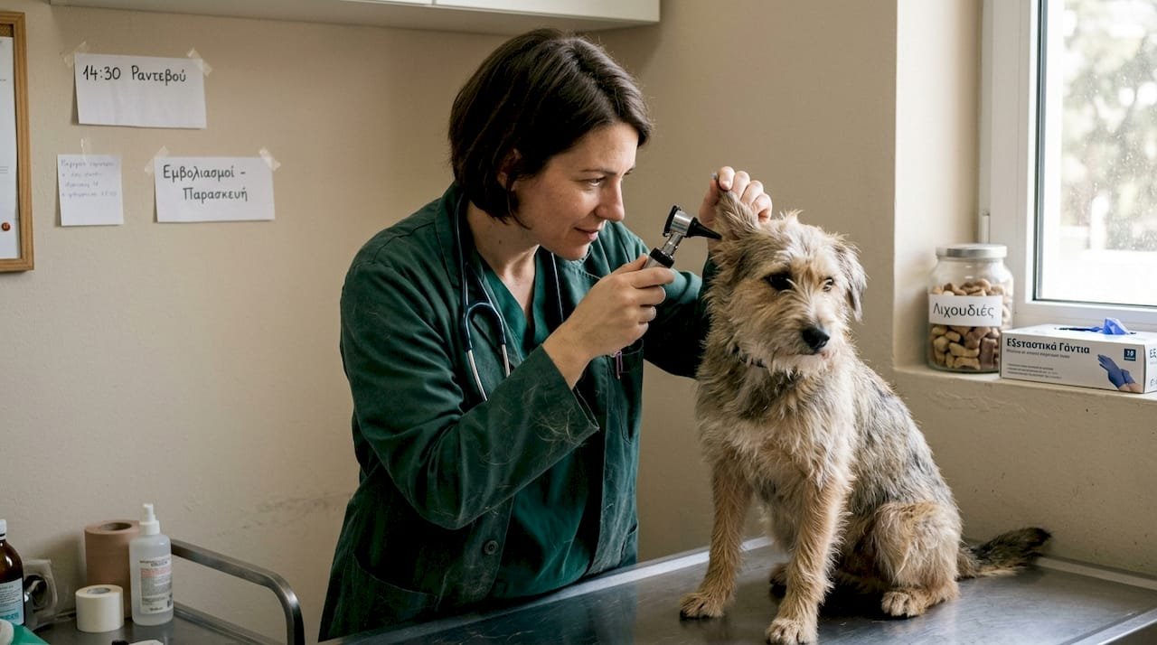 Ο κτηνίατρος πραγματοποιεί προληπτικό έλεγχο σε ένα υγιές σκυλάκι στο ιατρείο.