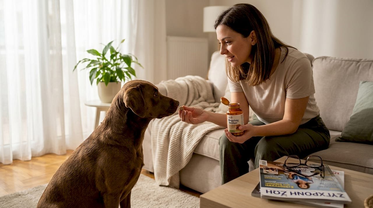 Ο ιδιοκτήτης του σκύλου δίνει το προβιοτικό στο κατοικίδιό του στο σαλόνι.