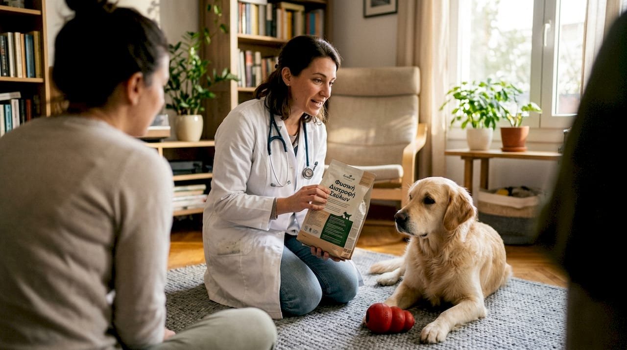 Ο κτηνίατρος δίνει συμβουλές στον ιδιοκτήτη για τη διατροφή του σκύλου του.