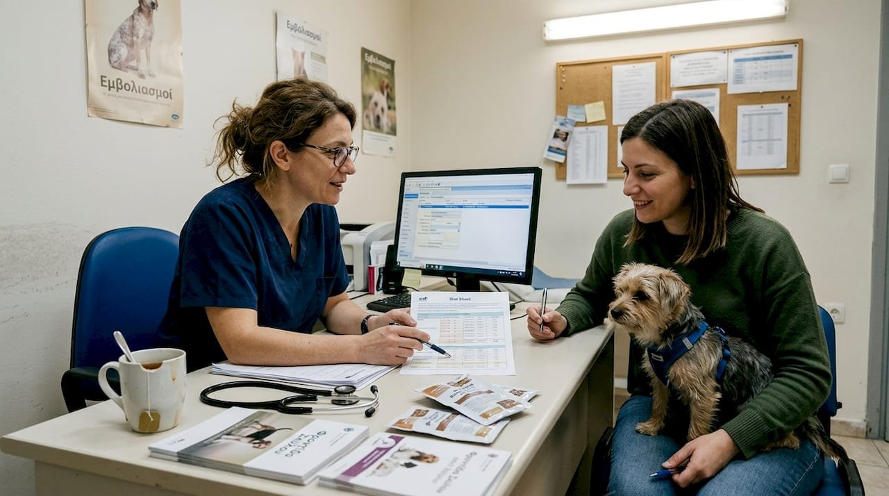 Κτηνίατρος με εξειδίκευση στη διατροφή ζώων συζητάει με ιδιοκτήτες κατοικιδίων για τις καλύτερες επιλογές στη διατροφή τους, δίνοντας συμβουλές προσαρμοσμένες στις ανάγκες κάθε ζώου.