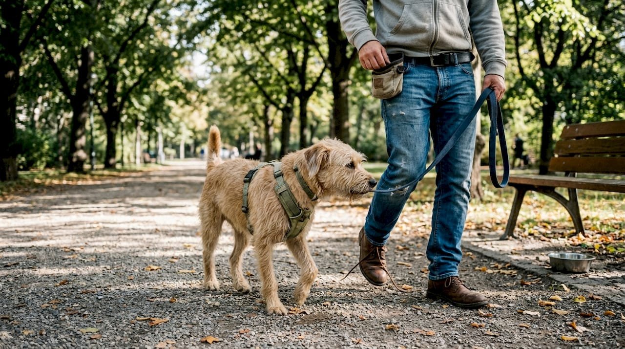 Ένας ιδιοκτήτης σκύλου απολαμβάνει τη βόλτα του στο πάρκο μαζί με το κατοικίδιό του, έχοντας όλα τα απαραίτητα αξεσουάρ για τη φροντίδα και την ασφάλεια του τετράποδου φίλου του.