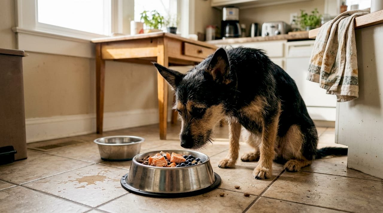 Ένα σκυλάκι πλησιάζει το μπολ του και μυρίζει το φαγητό του, ενώ ο ήλιος λούζει με φως την κουζίνα.