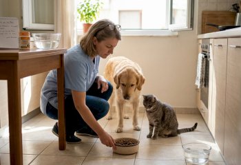 Η κτηνίατρος ετοιμάζει το φαγητό για τον σκύλο και τη γάτα της.