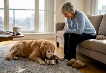 Ένας ηλικιωμένος σκύλος απολαμβάνει το φαγητό του δίπλα στον ιδιοκτήτη του.