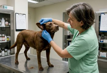 Ο κτηνίατρος εξετάζει έναν ήρεμο σκύλο στο ιατρείο.