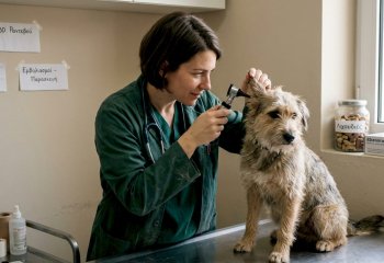 Ο κτηνίατρος πραγματοποιεί προληπτικό έλεγχο σε ένα υγιές σκυλάκι στο ιατρείο.