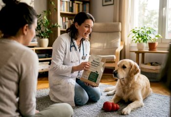 Ο κτηνίατρος δίνει συμβουλές στον ιδιοκτήτη για τη διατροφή του σκύλου του.