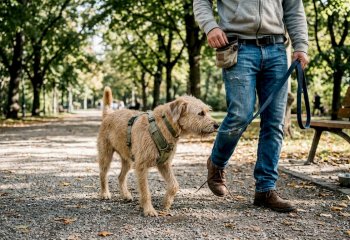 Ένας ιδιοκτήτης σκύλου απολαμβάνει τη βόλτα του στο πάρκο μαζί με το κατοικίδιό του, έχοντας όλα τα απαραίτητα αξεσουάρ για τη φροντίδα και την ασφάλεια του τετράποδου φίλου του.