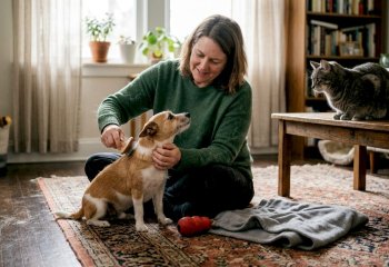 Μια γυναίκα χτενίζει τον σκύλο της στο σπίτι, ενώ η γάτα κάθεται δίπλα τους και παρακολουθεί.