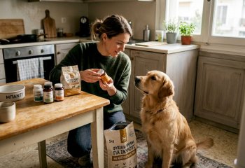 Ένας κηδεμόνας σκύλου ετοιμάζει συμπληρώματα διατροφής στην κουζίνα του σπιτιού του, φροντίζοντας να προσφέρει στον τετράποδο φίλο του ό,τι καλύτερο για την υγεία του.
