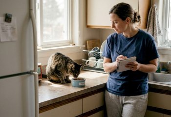 Μια γυναίκα στην κουζίνα της ετοιμάζει τη φαρμακευτική τροφή της γάτας της, φροντίζοντας να της προσφέρει ό,τι καλύτερο για την υγεία της.