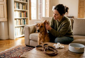 Μια γυναίκα εξετάζει το αυτί του σκύλου της για να δει αν υπάρχουν σημάδια αλλεργίας.