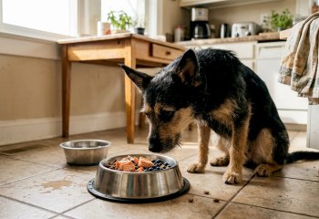 Ένα σκυλάκι πλησιάζει το μπολ του και μυρίζει το φαγητό του, ενώ ο ήλιος λούζει με φως την κουζίνα.