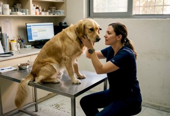 Ο κτηνίατρος εξετάζει έναν σκύλο στο ιατρείο.